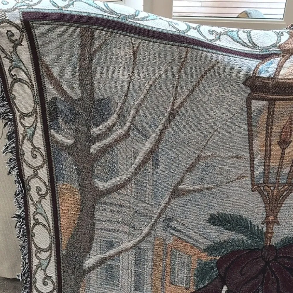 Vintage Christmas Cardinal Winter Village Scene Woven Tapestry Throw Blanket